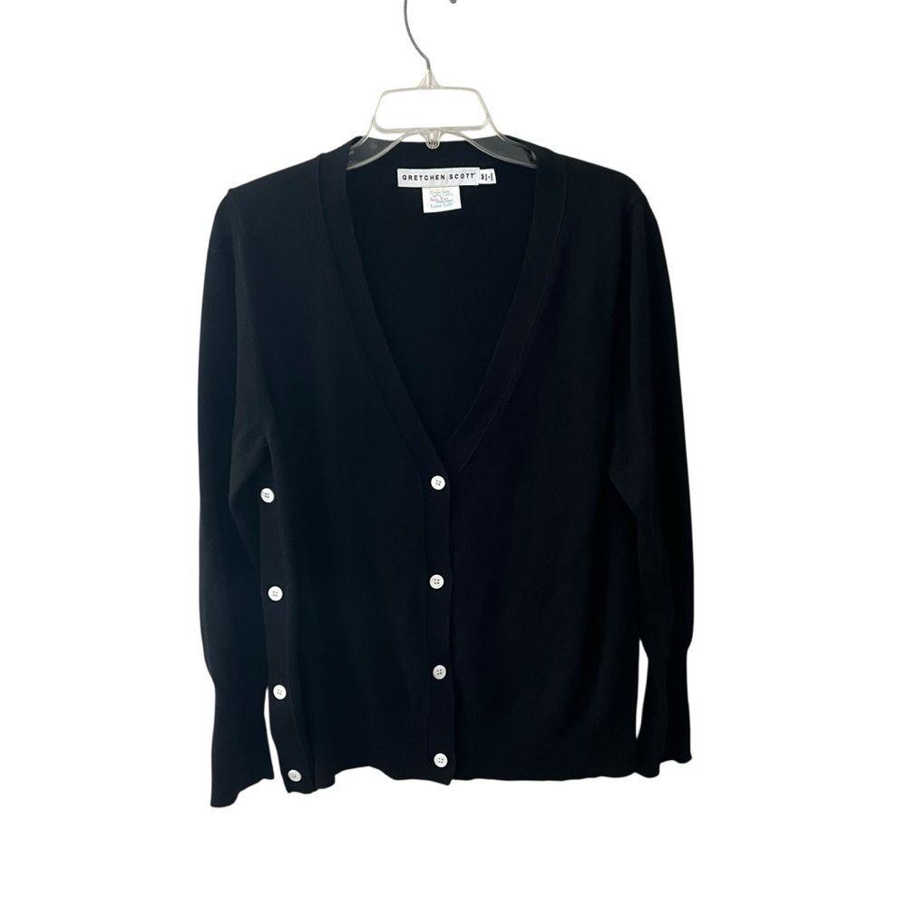 Gretchen Scott Black V Neck Black Cardigan White Button Detail Medium